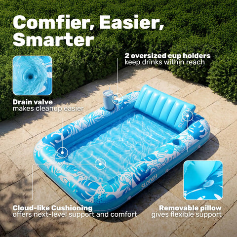 Inflatable Tanning Pool Lounger Float 70 Inch By 46 Inch With Pillow in blue, featuring cup holders and a drain valve.