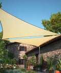 Installed Beige Right Triangle Shade Sail 12x12x17 UPF 50 Plus UV Block 200GSM Heavy Duty Breathable HDPE Canopy over patio