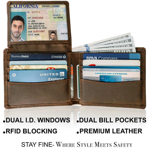 RFID Blocking Leather Wallet For Men With Extra Capacity Bifold Design Eight Card Slots Two ID Windows Ultra Durable Stitching Slim Billfold Everyday Carry