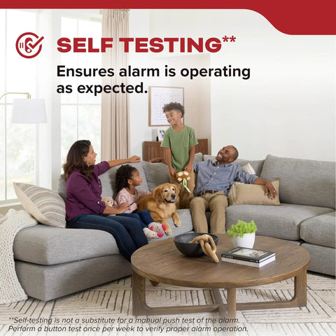 Family enjoying time together at home with dog, promoting self-testing feature of Two Pack Smoke Detector AA Battery Powered Model 20SDR.