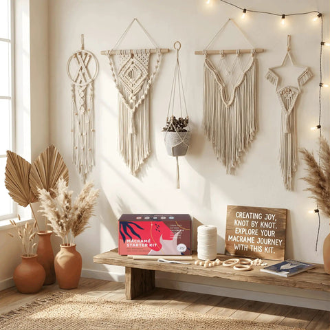 Dope Macrame Starter Kit For Adults Beginners With 112 Piece Supply Pack And 7 Projects including wall decor examples displayed