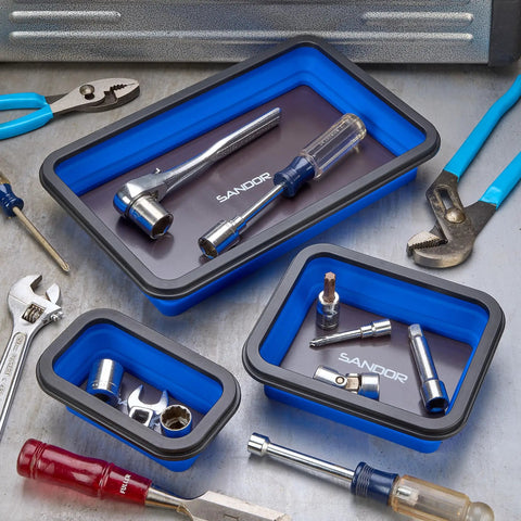 Magnetic Parts Tray Set With Three Collapsible Sizes For Mechanics, tool trays with tools, non marring rubber coated magnet, blue.