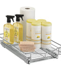 Knockout Kitchen Pull Out Cabinet Organizer With Heavy Duty Commercial Glide System shows cleaning products and sponges neatly arranged.
