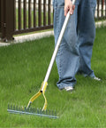 Person using 15 Inch Dethatching Rake For Lawn With Dual Edge Steel Head, Yard Workhorse Adjustable Metal Handle on grass.