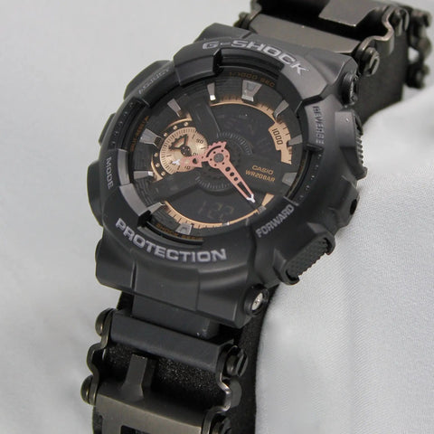 Close-up of black G-Shock watch face with black band, gears visible. Watch Adapters for Tread and Tread LT in Black 16mm Lug Size.