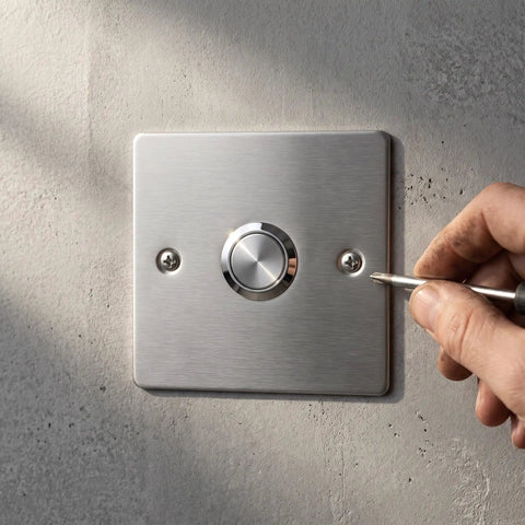Hand installing Stainless Steel Emergency Stop Push Button Panel Mount Switch Built Like A Tank For Heavy Duty Industrial Machine Control.
