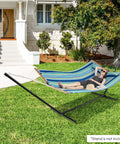 10.5Ft Double Hammock With Curved Spreader Bars For Two People, Heavy Duty Outdoor Hammock With Detachable Pillow, blue green stripes