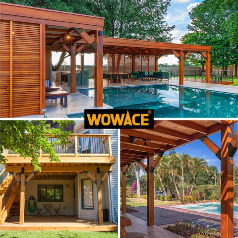 4 Pack 45 Degree Angle Brackets For Pergola Deck Porch Log Cabin 2x4 Framing, installed on outdoor structures, poolside view