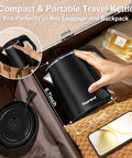 Ultra Portable 0.8L Electric Kettle With Stainless Steel Build, 800W Quick Boil, shown in a suitcase with accessories.
