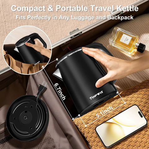 Ultra Portable 0.8L Electric Kettle With Stainless Steel Build, 800W Quick Boil, shown in a suitcase with accessories.