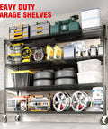 Extra Large Built Tough Four Tier Carbon Steel Wire Shelving Unit With Roller Glide Wheels holding tools and tires in a garage.