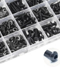 Heavy Duty M2 Screw Assortment Kit With Nuts And Washers Plus Wrench organized in compartments, featuring black zinc plated button head bolts.