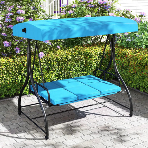 Three Seat Outdoor Porch Swing 2 In 1 Swing Glider With Adjustable Canopy Weatherproof Fabric Removable Cushions Foot Pads Curved Handrails Outdoor Swing For Patio Garden Balcony Backyard Turquoise in a garden setting