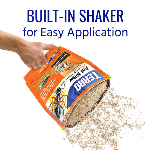 Ant Killer Plus Insect Control 3 Lb Bags Two Pack being poured with built-in shaker for easy application shown