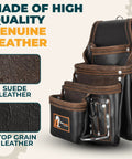 Premium Leather Tool Bag Pro 505 With Oil Tanned Grain Leather 13 Pockets And Speed Square Pocket shown with leather swatches
