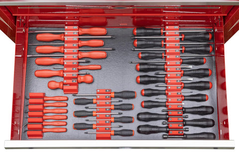 Top view of Screwdriver Pro Modular Organizer for 13 Tools with Magnetic Base Red Made In USA mounted in a tool drawer