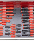 Top view of a Modular Screwdriver Organizer For 26 Tools With Anti Slip Base Black Made In USA Pro Grade Storage System in a drawer.