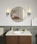 Essential 28 Inch Round Framing Wall Mount Vanity Mirror In Polished Chrome Finish above bathroom sink