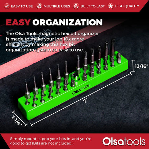 Green Magnetic Hex Bit Organizer Tray Displaying 37 One Quarter Inch Bits on Ferrite Magnet Base for Easy Organization
