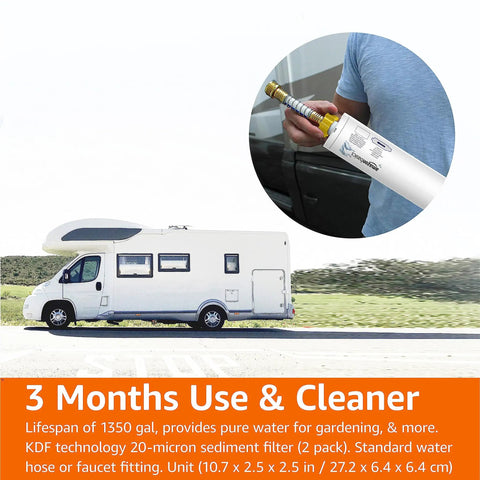 Top Shelf Inline Water Filter With 20 Micron Sediment Removal And Kdf Technology For Fresher Tasting H2o Straight Up Heavy Duty Portable Garden Hose Purifier No Fuss Two Pack connected to garden hose next to RV.