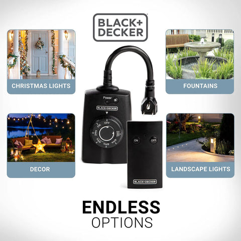 Dual Outlet Outdoor Timer Switch With Wireless Remote For Yard Lights And Garden Decor No Sweat Scheduling Slick Plug In Convenience with remote.