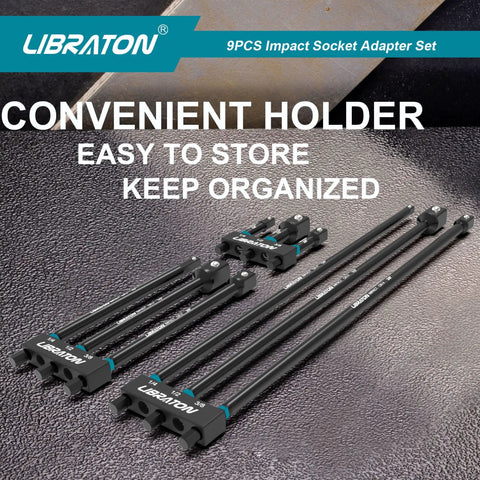 Pro Grade Impact Socket Adapter Set with holder, including three lengths, black finish on textured surface, brand libraton visible.