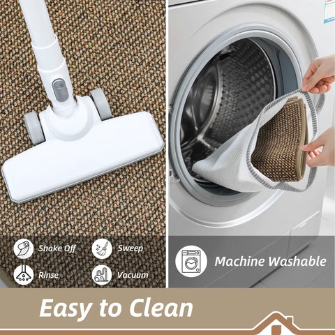 Tough As Nails Dirt Trapper Door Mat For Entryway Non Slip Washable Rug shown being vacuumed and placed in washing machine.