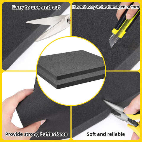 Eight Piece Premium Polyurethane Foam Sheets Featuring Cuttable Design For Custom Case Padding Heavy Duty Storage And Shock Absorbing Protection No Fuss Top Shelf Quality, showing cutting actions and durability.