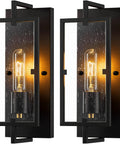Set Of 2 Farmhouse Rustic Wall Sconces With Seeded Glass Lampshades In Matte Black Industrial E26