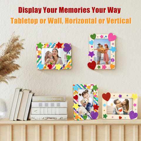 Display of 4 wooden frames from 24 Pack Picture Frame Craft Kit For 4x6 Photos Unfinished Wooden Frames With Diamond And Foam Stickers