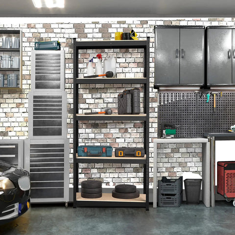 Rock Solid Heavy Duty Steel Storage Rack Two Pack Adjustable Five Tier Shelving in black frame with tools in garage