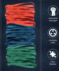 36 Pack Moving Blanket Rubber Bands Set For Heavy Duty Locking Down Furniture And Tarps Includes 42 Inch Red 30 Inch Green And 26 Inch Blue Straps Reusable Latex Blend That Stretches Without Snapping Built Tough For Moving And Storage shown in three color-coded piles against denim background with industrial icons