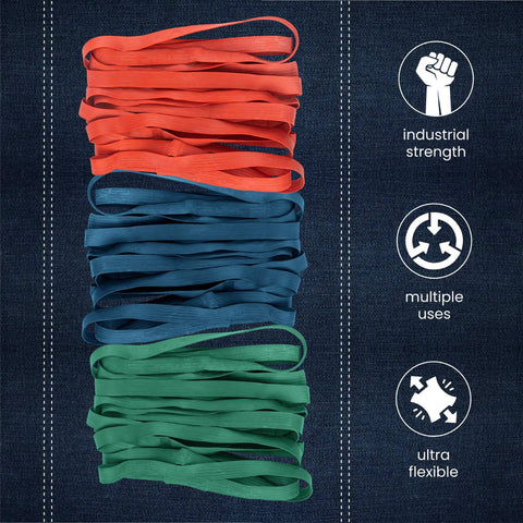 36 Pack Moving Blanket Rubber Bands Set For Heavy Duty Locking Down Furniture And Tarps Includes 42 Inch Red 30 Inch Green And 26 Inch Blue Straps Reusable Latex Blend That Stretches Without Snapping Built Tough For Moving And Storage shown in three color-coded piles against denim background with industrial icons