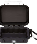 Crushproof Micro Hard Case For Smartphones And Tech Gear Sleek Black Shell Watertight Locking Latches Dustproof Shield open view with foam interior.