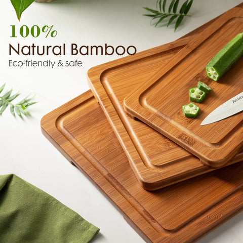 Top Shelf Deep Carbonized Bamboo Cutting Board With Sturdy Wood Storage Stand featuring three natural bamboo boards and sliced okra.