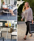 Stacking Compact Folding Table 30 By 20 Inches For Indoor And Outdoor Use Portable Black And Silver Folding Table in use and carried