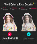 All In One Color Sticker Printer And Cutter For DIY Crafters And Custom Labels And Gifts With Thermal Dye Sublimation 300 DPI And Precise AI Auto Cutting comparison showing vivid colors and rich details with Liene PixCut S1.
