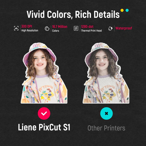 All In One Color Sticker Printer And Cutter For DIY Crafters And Custom Labels And Gifts With Thermal Dye Sublimation 300 DPI And Precise AI Auto Cutting comparison showing vivid colors and rich details with Liene PixCut S1.