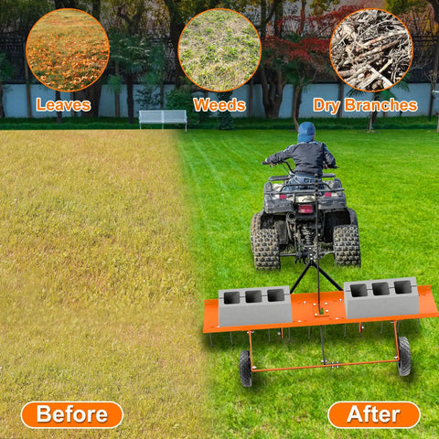 48 Inch Tow Behind Dethatcher With 24 Spring Steel Tines Lift Handle Tow Behind Rake for Riding Mower shown in use on lawn
