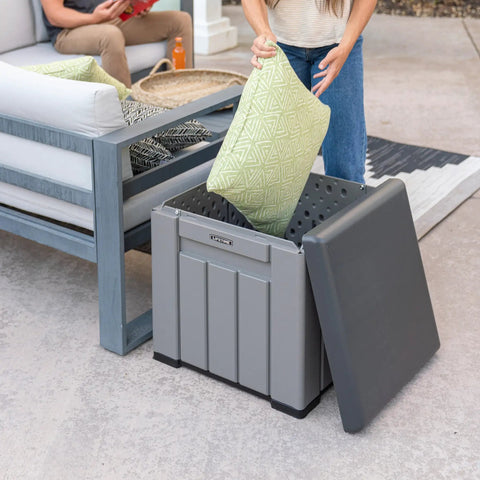 Versatile Outdoor Storage Cube Deck Box Doubles As Cozy Bench Seat And 25 Gallon Capacity Weather Resistant patio organizer for cushions.
