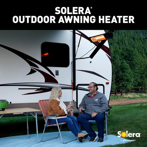 Detachable Electric RV Awning Patio Heater With Built In Timer Powder Coated Steel UL Certified IP35 Weather Rated in use on RV