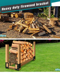 Firewood Log Storage Rack Bracket 4 Pack For Indoor And Outdoor Use Heavy Duty Powder Coated Steel Holder With Wood Screws Adjustable Fireplace Wood Storage Rack For Patio And Home Built To Last, showing before and after wood stacking.