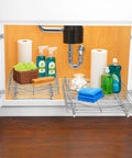Knockout Kitchen Pull Out Cabinet Organizer With Heavy Duty Commercial Glide System that shows cleaning supplies under cabinet.