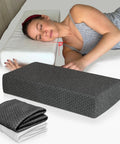 Premium Memory Foam Cube Pillow Made Straight For Real Side Sleepers Measuring 24 By 12 By 5 Inches shown in use with a woman sleeping.