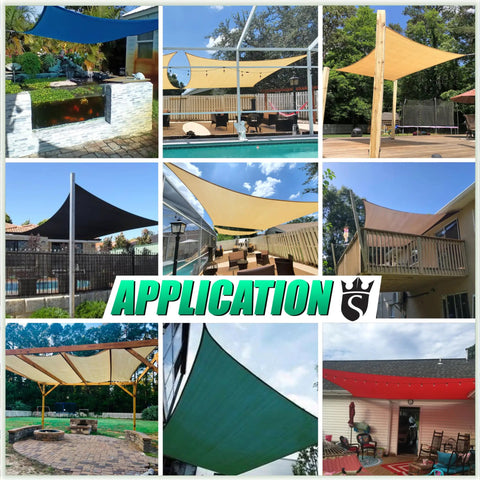 Collage of Beige Rectangle Sun Shade Sail Canopy For Outdoors, 14 Ft By 20 Ft, shown installed in various outdoor settings.