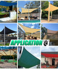 Collage of White 10x10 Sun Shade Sail Canopy For Outdoor Patio Backyard Ready Deck Carport With 95 UV Blockage Upf50 Plus Breathable Heavy Duty Water Permeable HDPE Fabric Custom Size Options in various settings.
