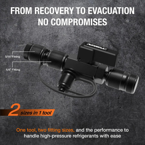 Valve Core Removal Tool For HVAC Quick Recovery And Evacuation, Dual Size Fittings One Quarter Inch And Five Sixteenths Inch In One Tool, R-410A Vacuum Rated To Twenty Microns, Durable Metal Handle with fittings labeled