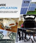 Collage showing applications of 12V Beefy Fast Linear Actuator With 10 Millimeters Per Second Maximum Speed, 10 Inch Stroke, Heavy Duty 330 Pound 1500N Push Pull Actuator With Controller For TV Lifts, Sofa Tables, And Home Furniture Upgrades in solar panel, nursing bed, car trunk, window, wheelchair