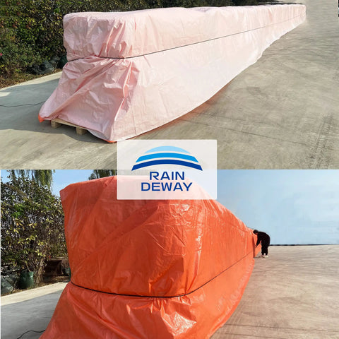 Heavy Duty Waterproof Poly Tarp Eight Mil Thick 10x100 Feet With UV Proof Shield covering large outdoor items in sunlight.