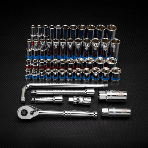 3/8 Inch Drive Socket Set With Quick Release Ratchet And 90 Tooth, 43 Piece Standard And Deep Metric Sockets, chrome vanadium